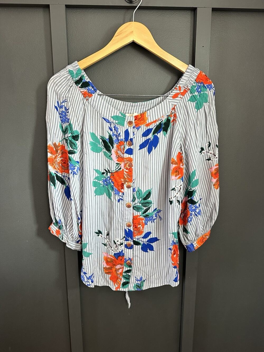 Maeve Anthropologie Shirt Womens 2 Blue White Stripes Lilorne Floral Button Up